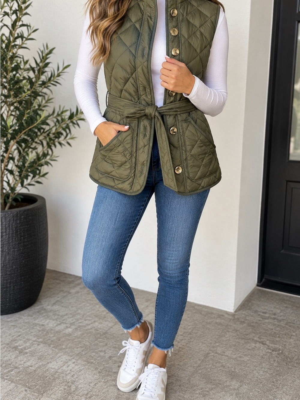 “Free Assembly” Quilted Olive Green Belted Vest